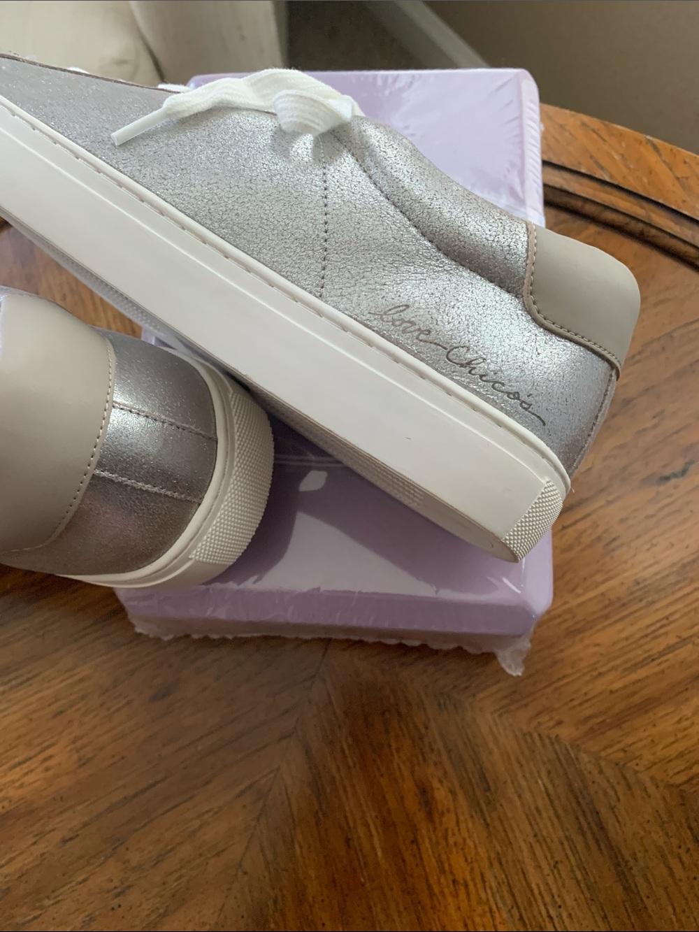 Chico's NWT Metallic Silver Lace-Up leather Sneakers with White Laces. Nwt